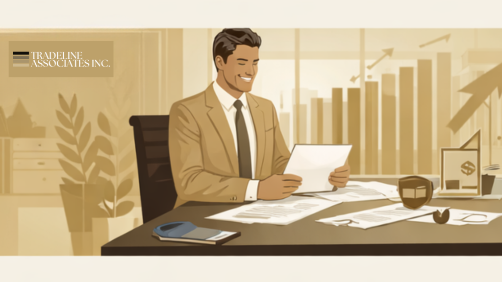 A person working at a modern office desk with business documents