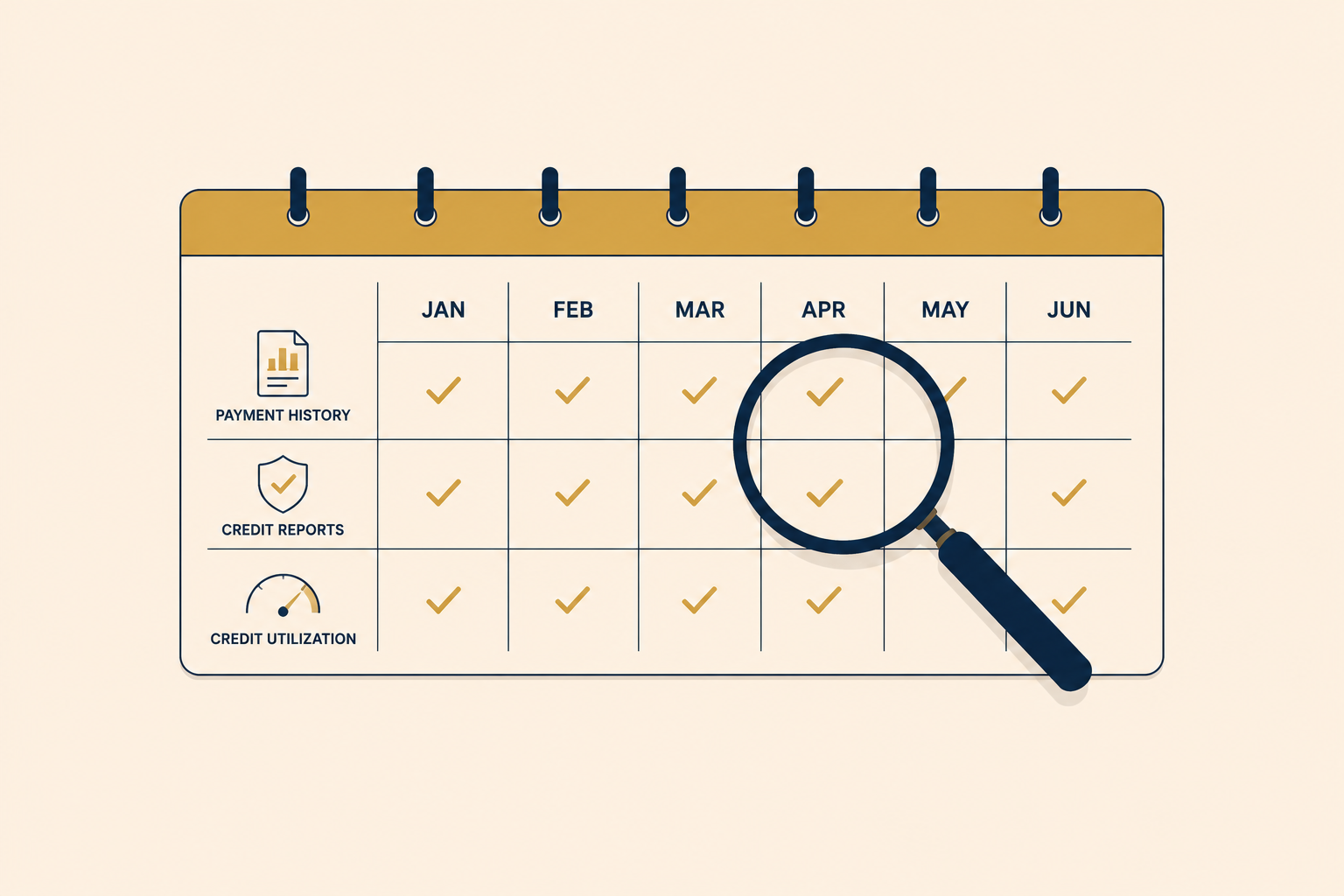 Illustration of a calendar with consistent checkmarks representing steady business credit payment history