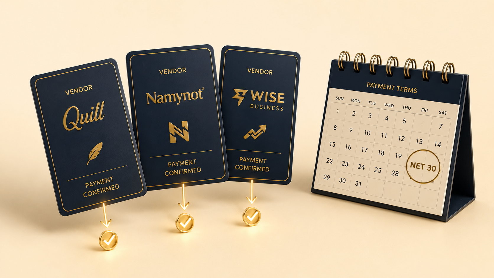Three navy vendor cards for Quill, Namynot, and Wise Business with gold "Payment Confirmed" checkmarks next to a desk calendar marked "Payment Terms NET 30".