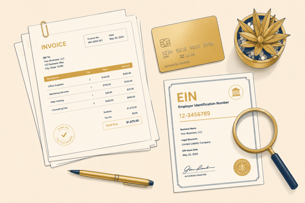 Flat-lay illustration of business documents on a beige desk, including invoices for “Your Business, LLC” totaling $1,675, a gold business credit card, an EIN certificate with number 12-3456789, a magnifying glass, gold pen, and a small gold succulent plant. build business credit step by step