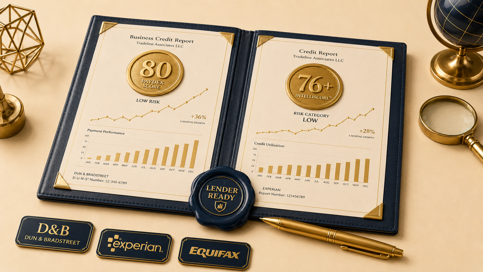 Open business credit report binder showing scores of 80 and 76+ with bar graphs, with D&B, Experian, Equifax badges and a “Lender Ready” seal below it.