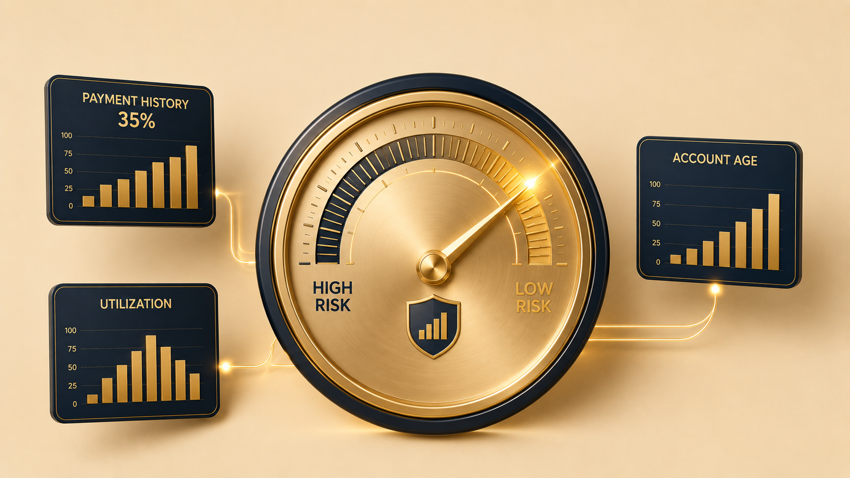Gold risk gauge set to "Low Risk" with connected cards showing "Payment History 35%," "Utilization," and "Account Age" bar graphs.