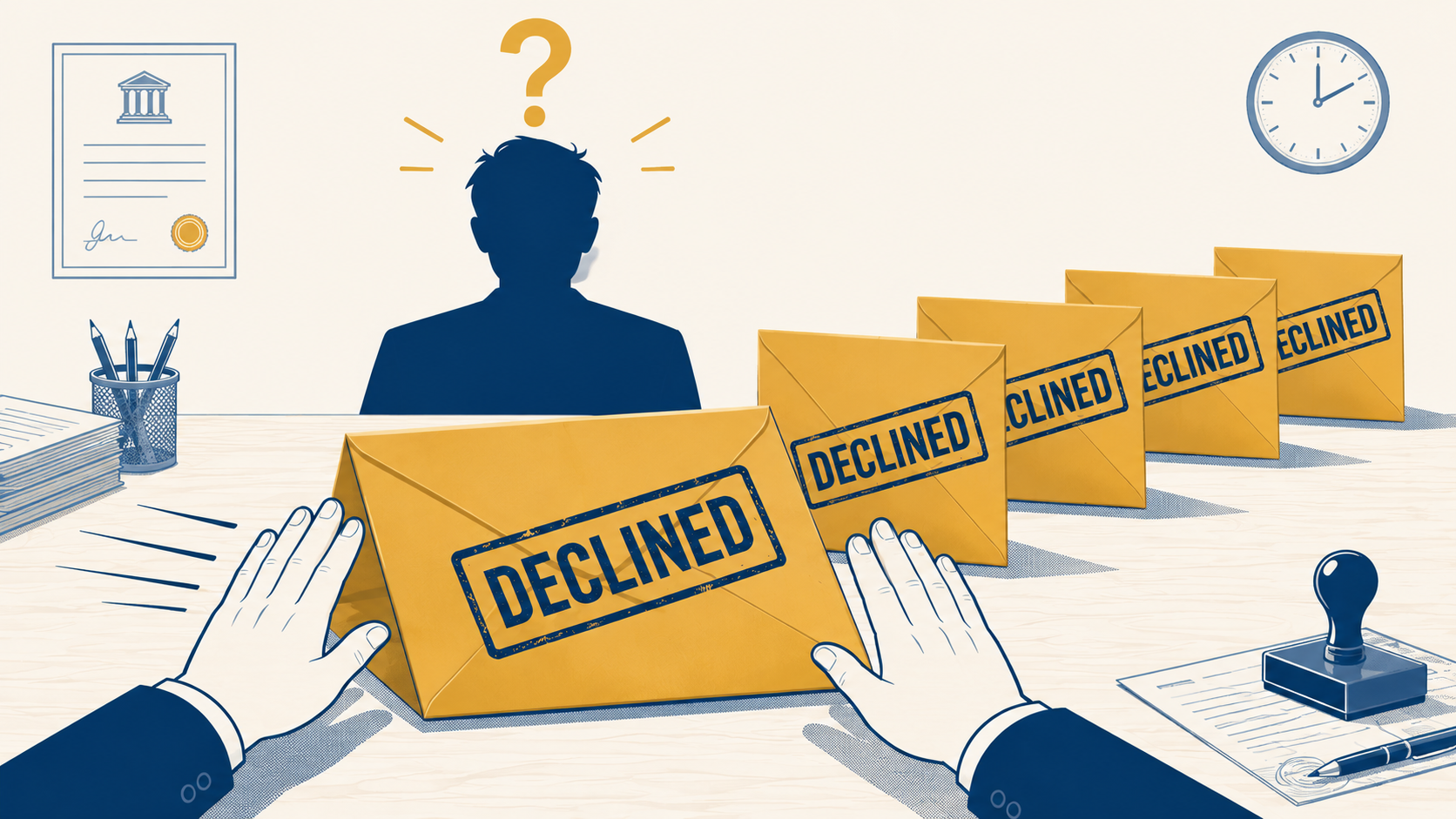 person waiting in line to be rejected, files being declined