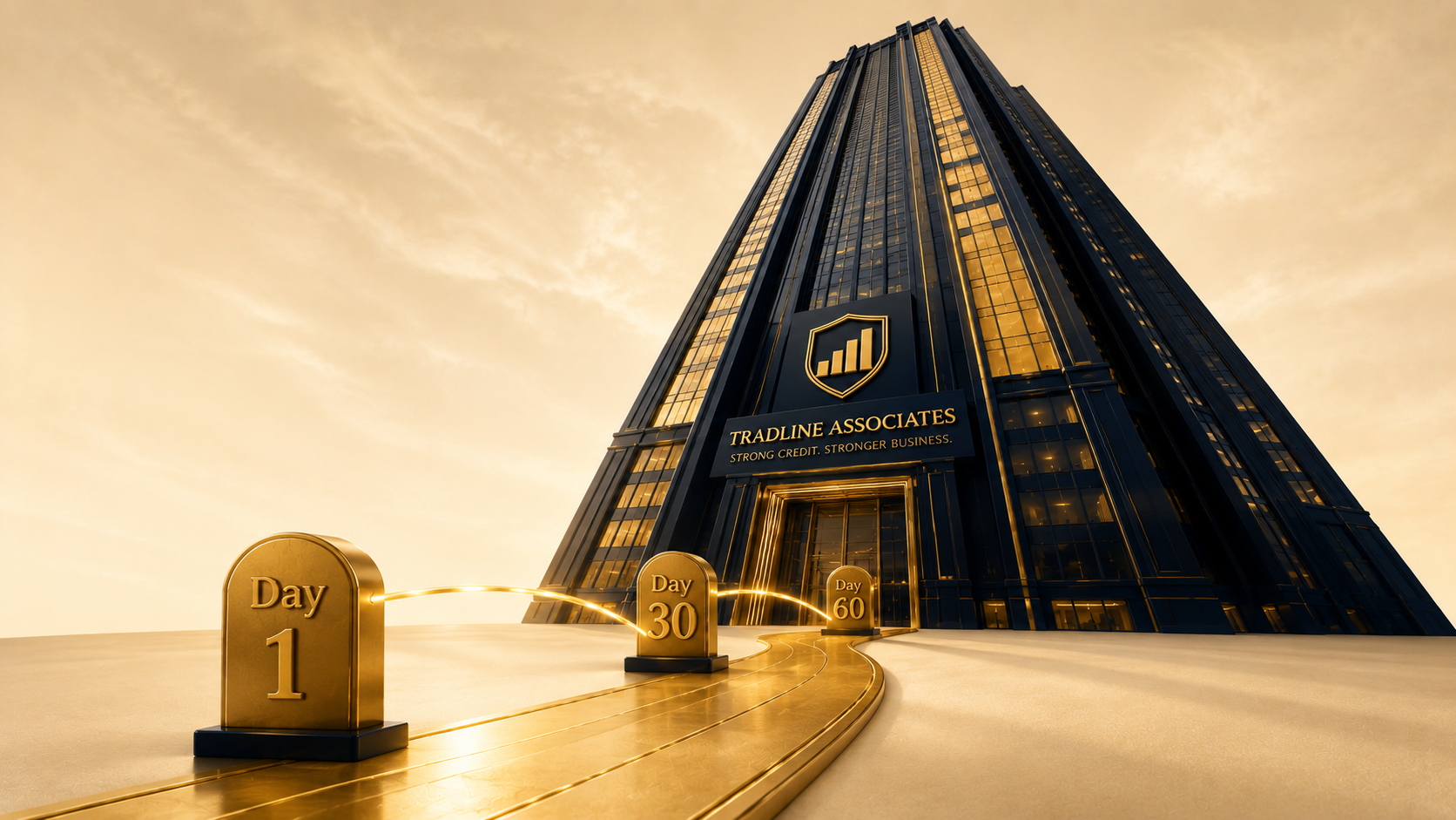 Golden pathway with milestones marked Day 1, Day 30, and Day 60 leading to a tall black skyscraper labeled "Tradeline Associates."