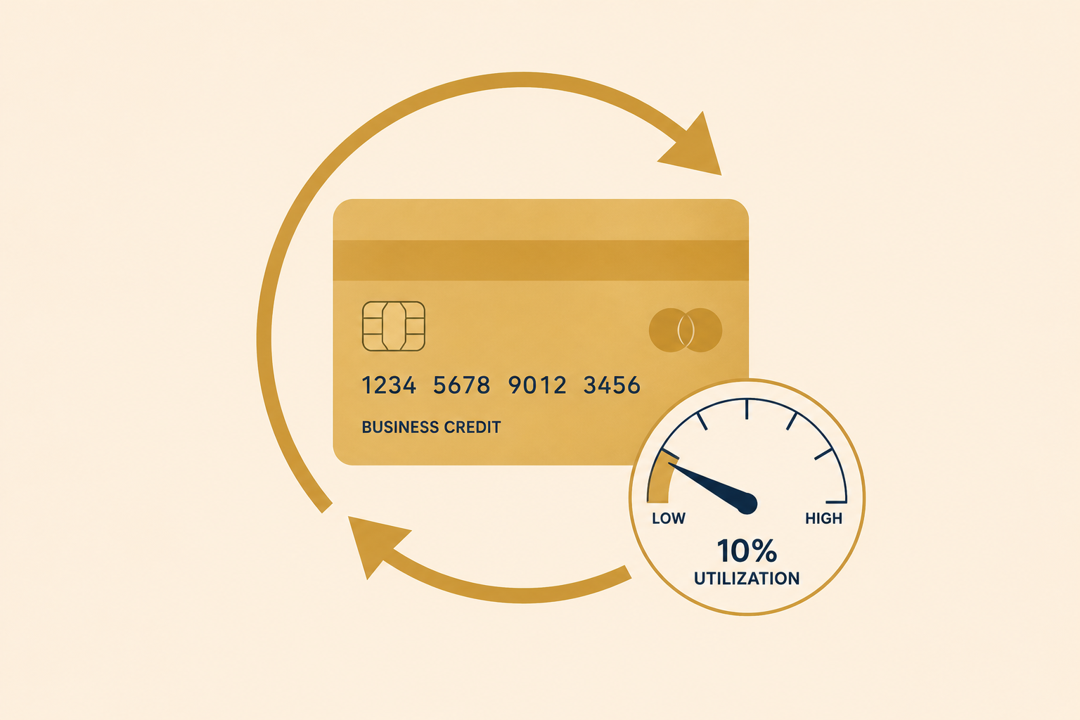 Illustration of a revolving business credit card with a utilization gauge showing low balance usage