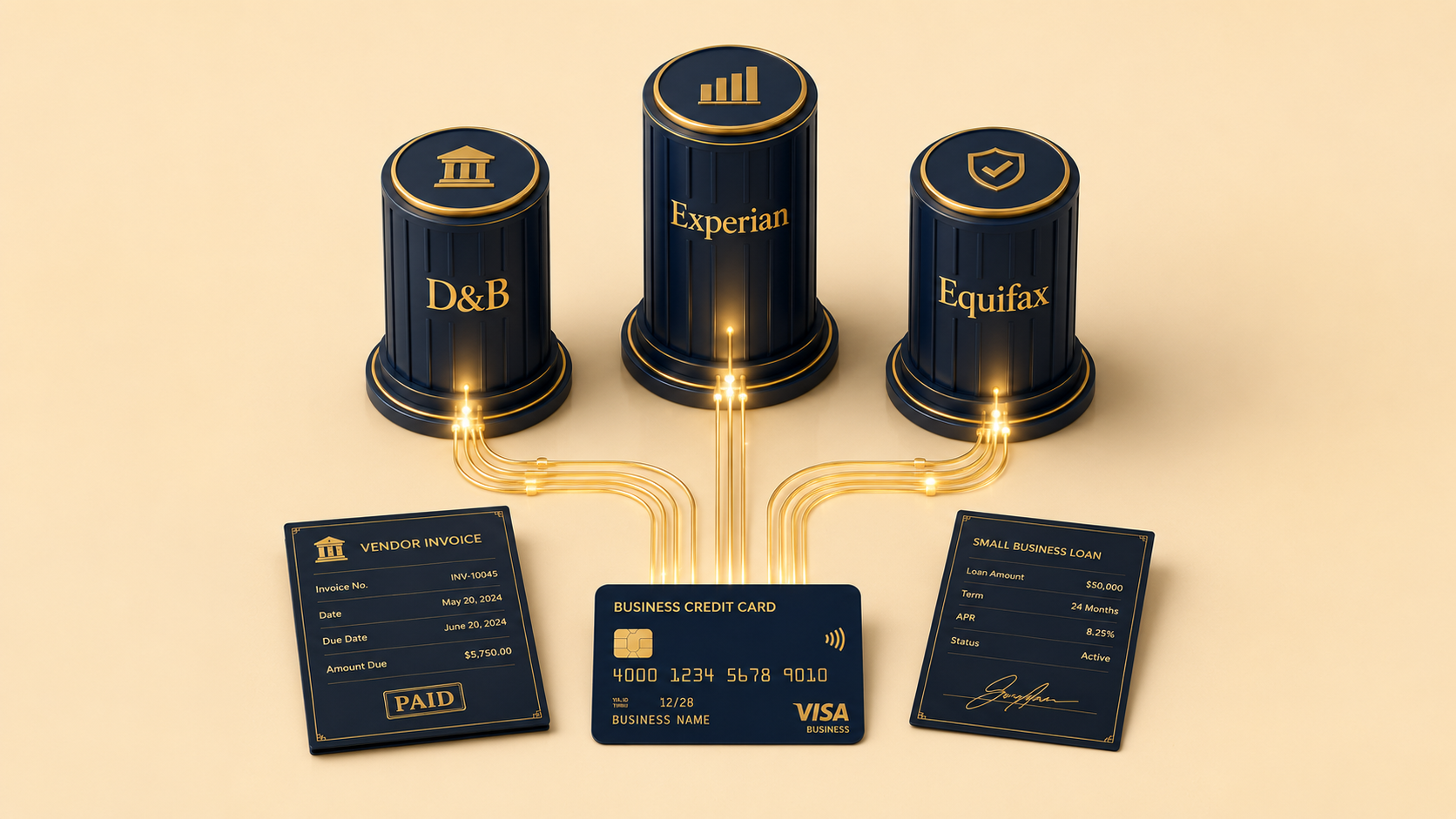 Three black cylinders labeled D&B, Experian, and Equifax connect via glowing lines to a vendor invoice, business credit card, and small business loan card.