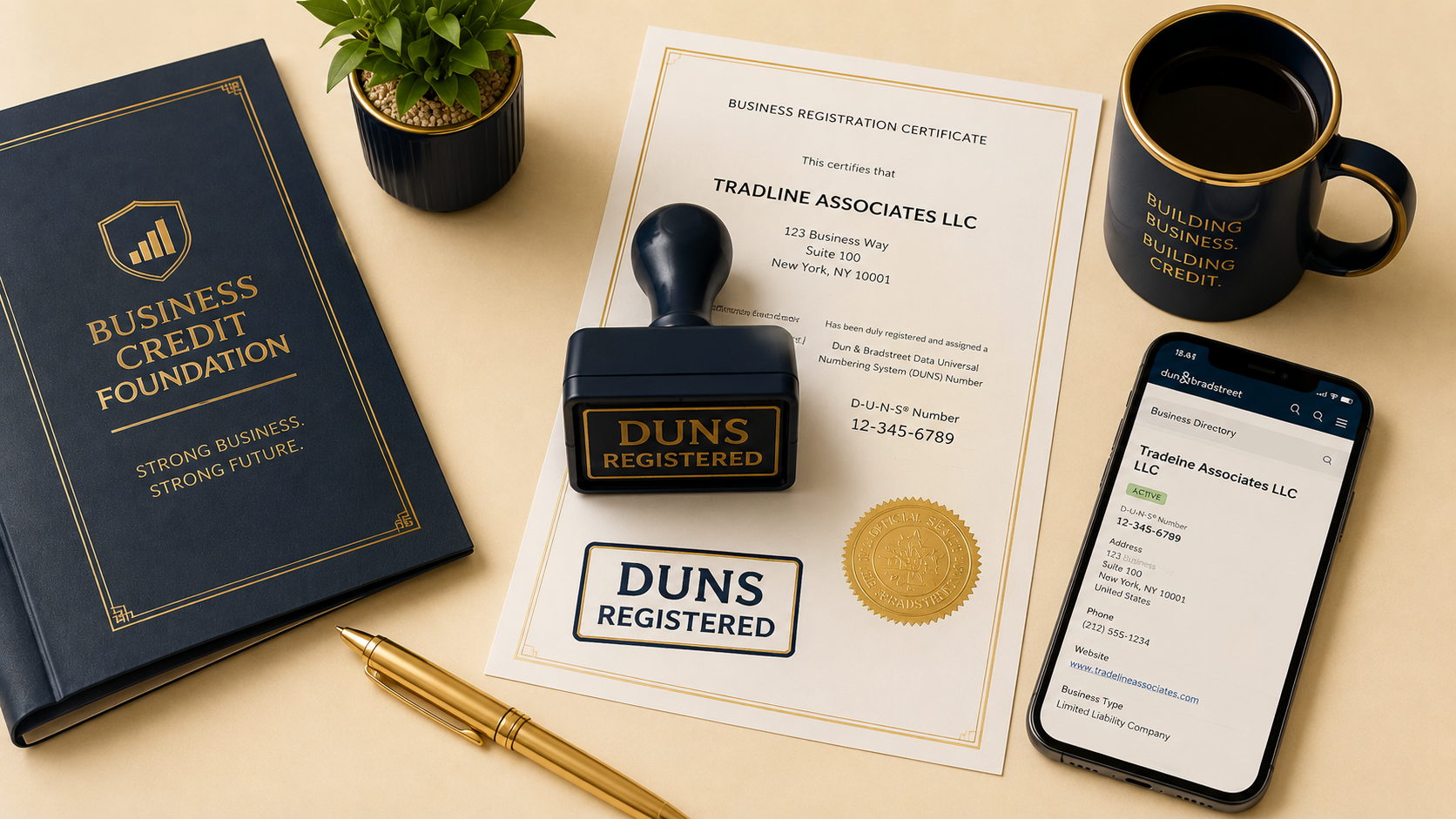 Flat lay of a desk with a "Business Credit Foundation" book, gold pen, plant, mug, phone, and a document stamped "DUNS REGISTERED".