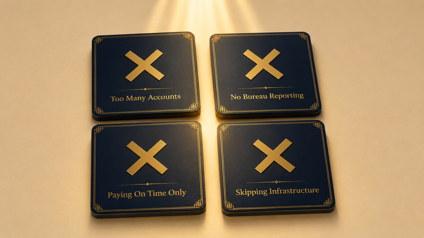 Four black square tiles with gold X marks labeled "Too Many Accounts," "No Bureau Reporting," "Paying On Time Only," and "Skipping Infrastructure."