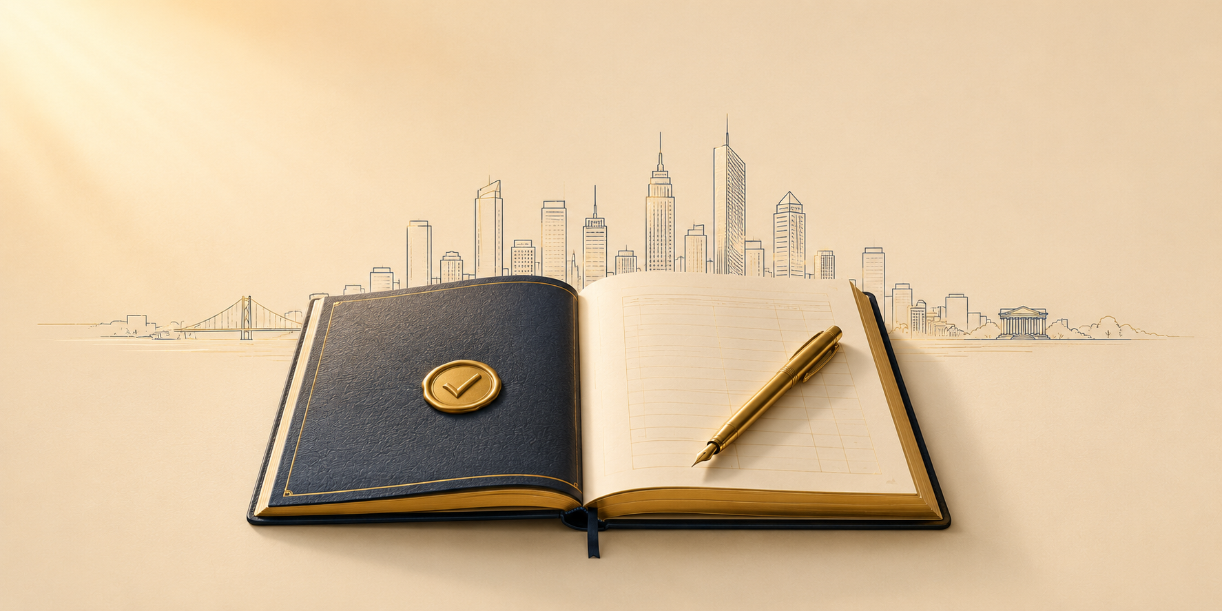 Business compliance checklist for funding 2026 — gold and navy ledger illustration on beige background