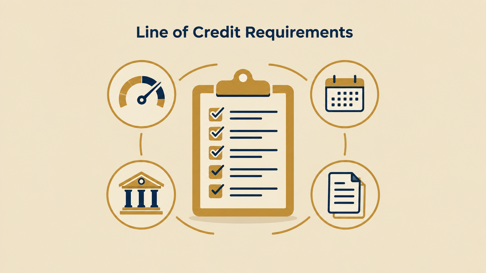 "Checklist illustration of business line of credit requirements including credit score, revenue, and documentation"
